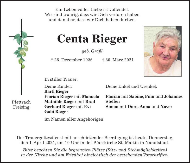 Traueranzeige Centa Rieger