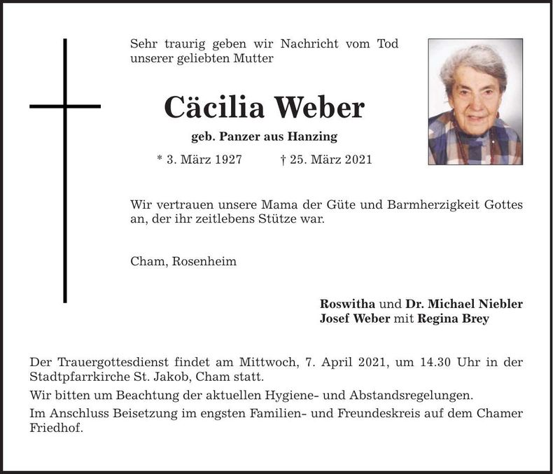 Traueranzeige Cäcilia Weber
