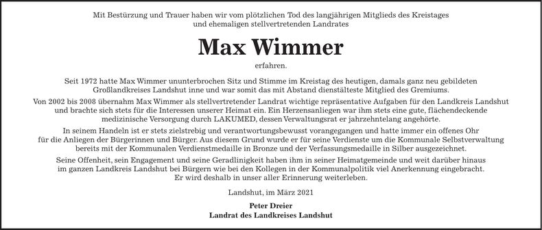 Traueranzeige Max Wimmer