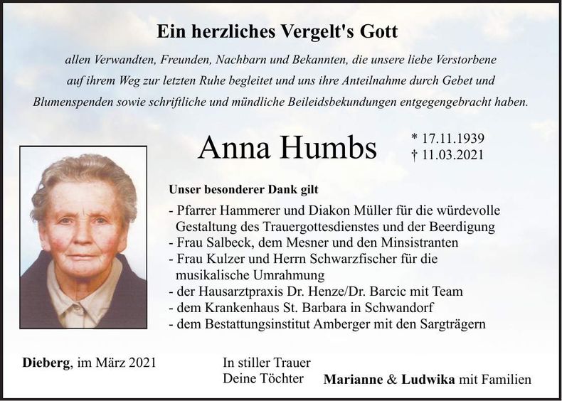 Traueranzeige Anna Humbs