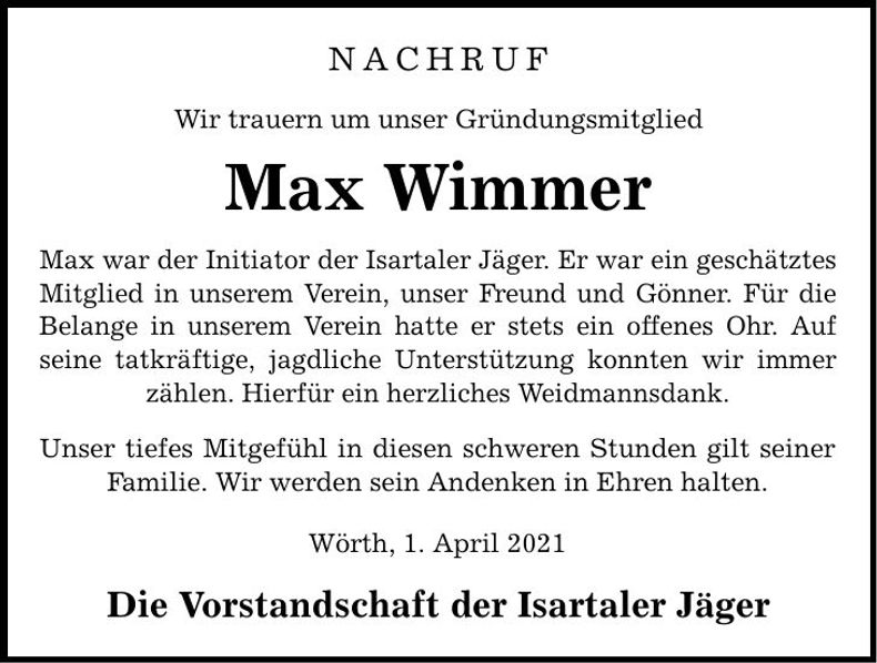 Traueranzeige Max Wimmer