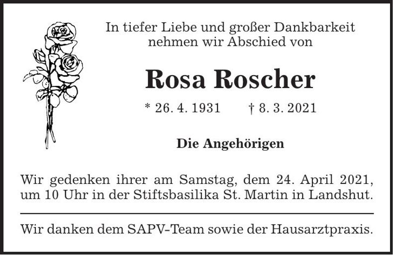 Traueranzeige Rosa Roscher