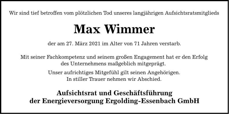 Traueranzeige Max Wimmer