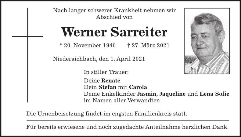 Traueranzeige Werner Sarreiter