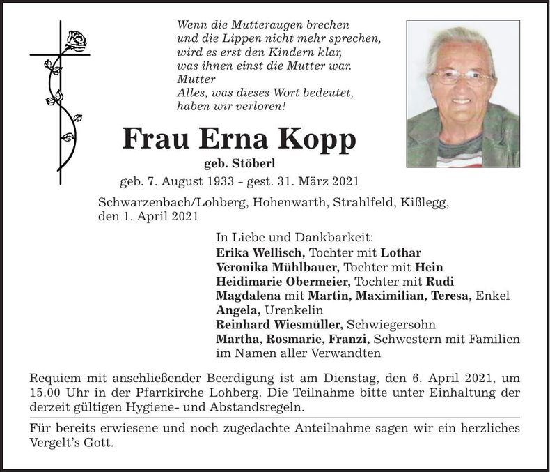 Traueranzeige Erna Kopp