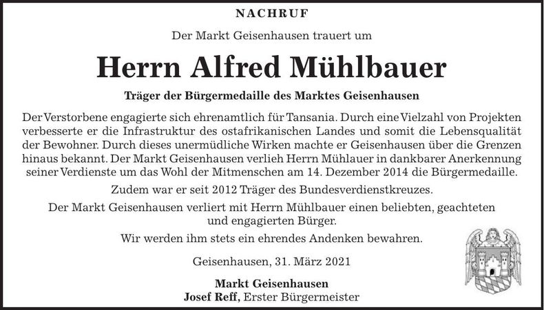 Traueranzeige Alfred Mühlbauer