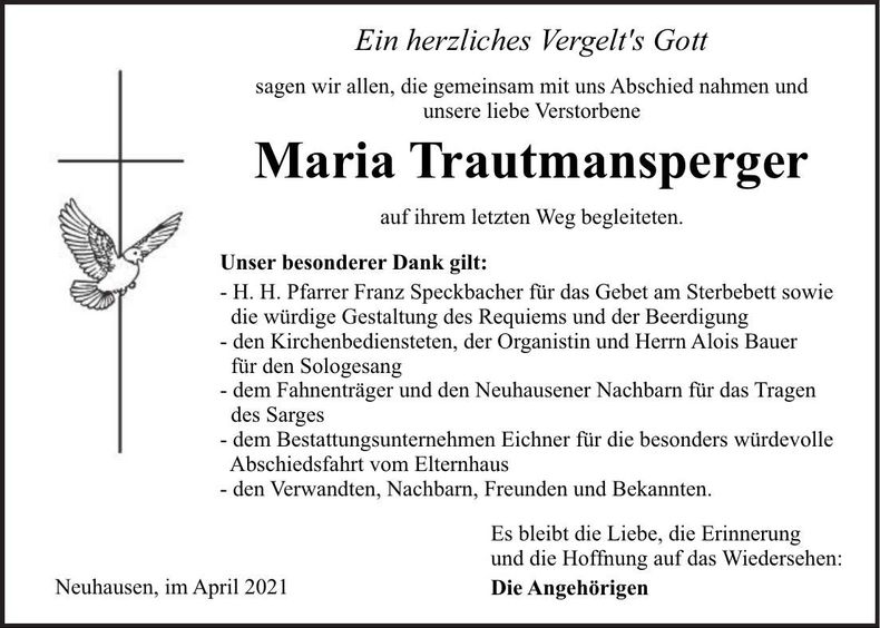 Traueranzeige Maria Trautmansperger