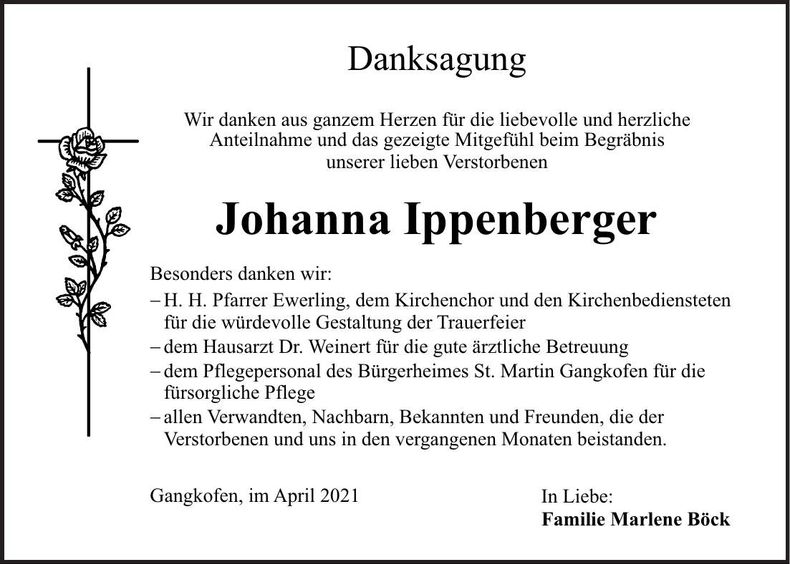 Traueranzeige Johanna Ippenberger