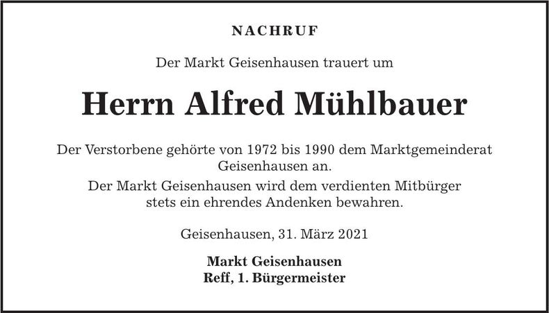 Traueranzeige Alfred Mühlbauer