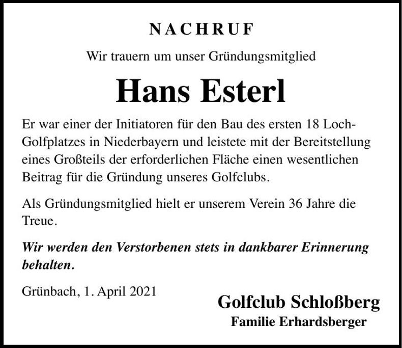 Traueranzeige Hans Esterl