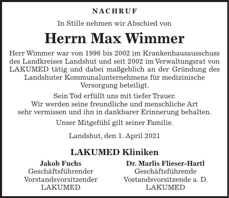 Traueranzeige Max Wimmer