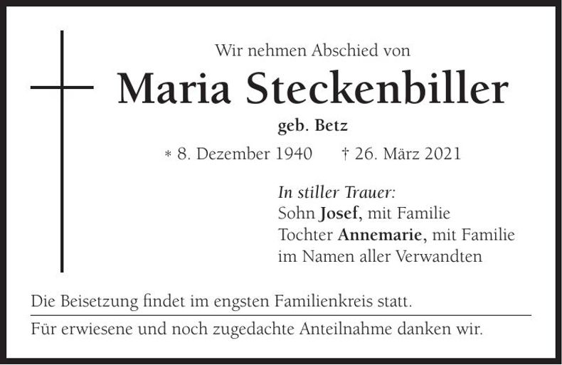 Traueranzeige Maria Steckenbiller