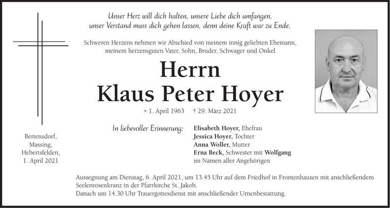 Traueranzeige Klaus Peter Hoyer
