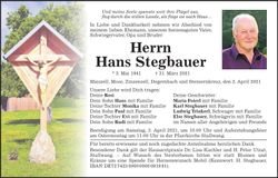 Traueranzeige Hans Stegbauer