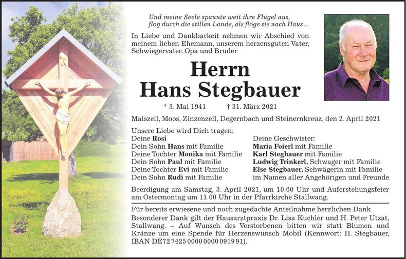 Traueranzeige Hans Stegbauer