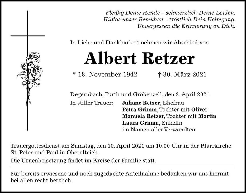 Traueranzeige Albert Retzer