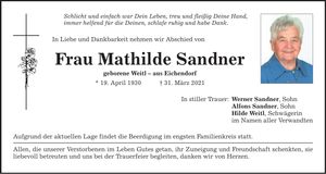 Traueranzeige Mathilde Sandner