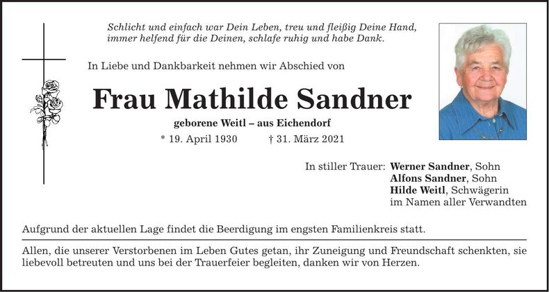 Traueranzeige Mathilde Sandner
