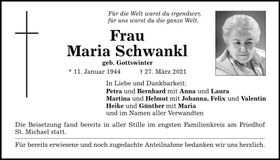 Traueranzeige Maria Schwankl