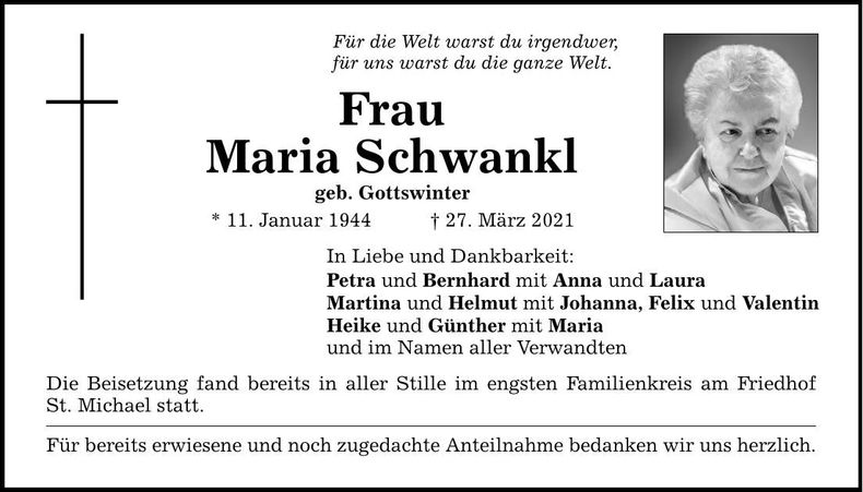 Traueranzeige Maria Schwankl