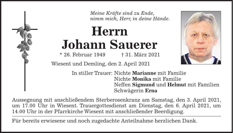 Traueranzeige Johann Sauerer