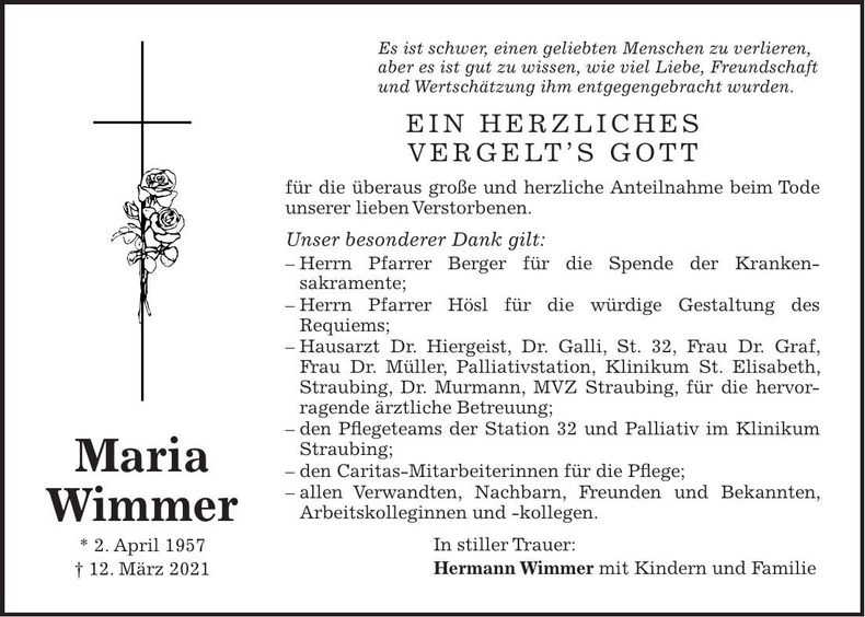Traueranzeige Maria Wimmer
