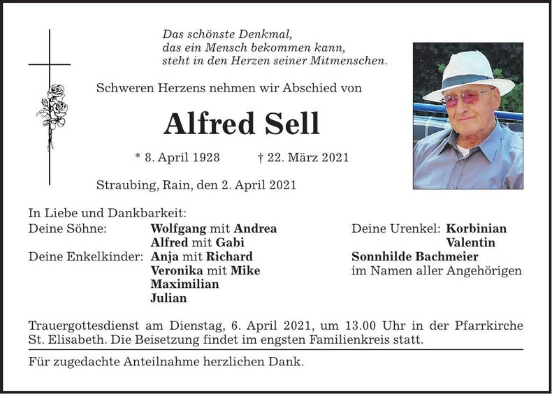 Traueranzeige Alfred Sell