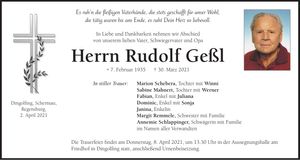 Traueranzeige Rudolf Geßl