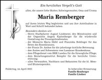Traueranzeige Maria Remberger
