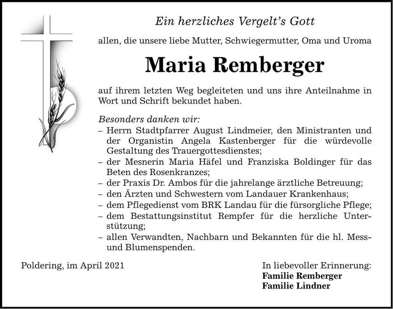 Traueranzeige Maria Remberger
