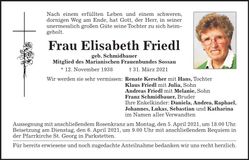 Traueranzeige Elisabeth Friedl