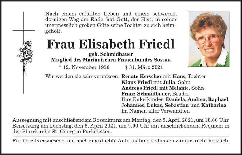 Traueranzeige Elisabeth Friedl
