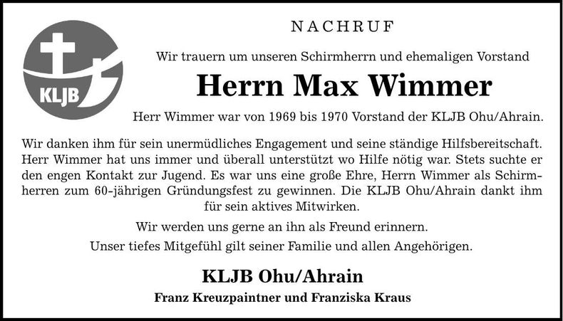 Traueranzeige Max Wimmer