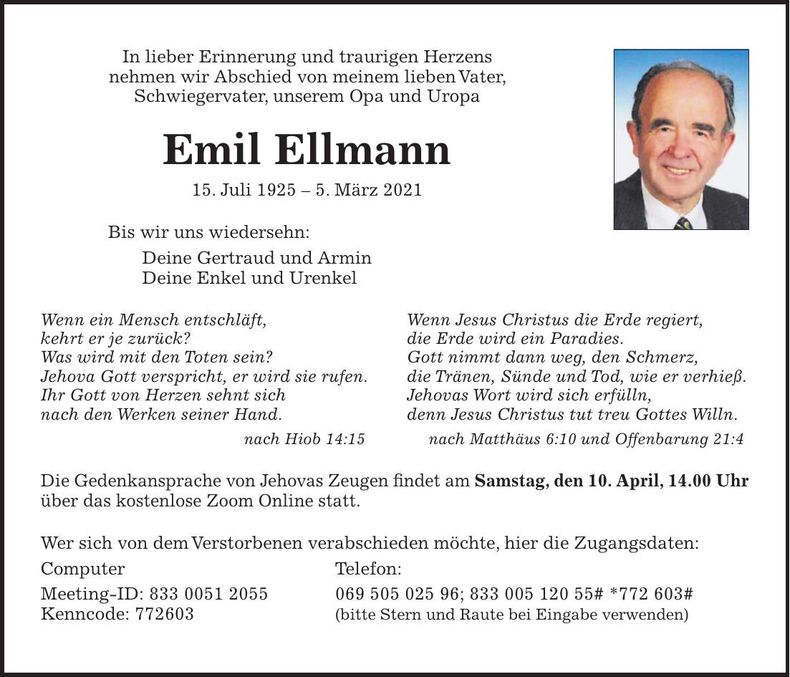 Traueranzeige Emil Ellmann