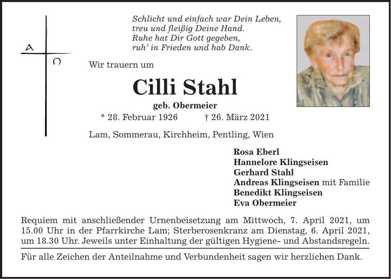 Traueranzeige Cilli Stahl