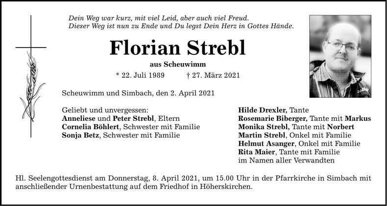 Traueranzeige Florian Strebl
