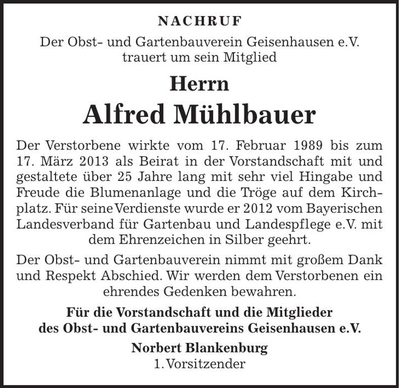 Traueranzeige Alfred Mühlbauer