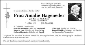 Traueranzeige Amalie Hageneder