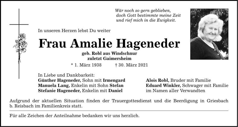 Traueranzeige Amalie Hageneder