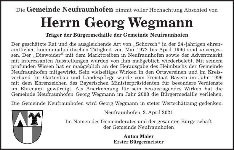 Traueranzeige Georg Wegmann