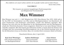 Traueranzeige Max Wimmer
