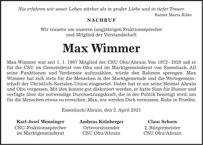Traueranzeige Max Wimmer