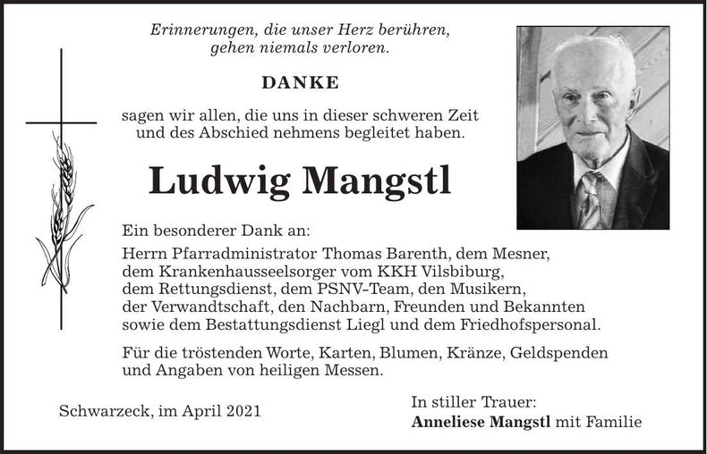 Traueranzeige Ludwig Mangstl