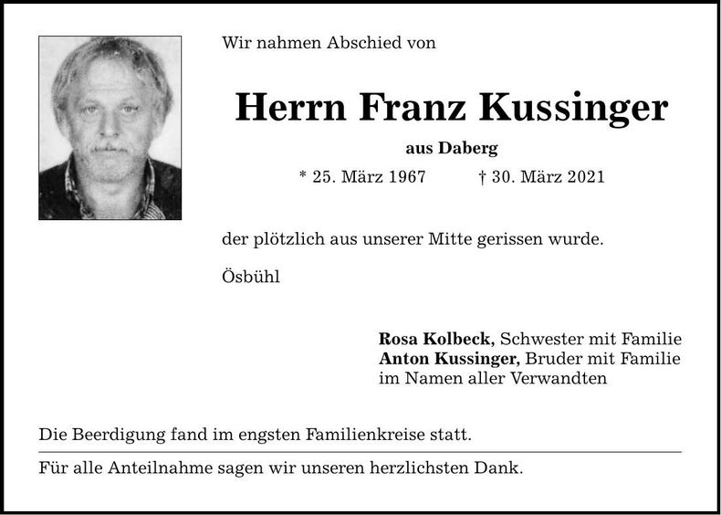 Traueranzeige Franz Kussinger