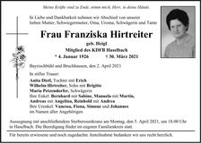 Traueranzeige Franziska Hirtreiter