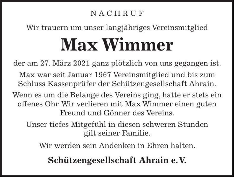 Traueranzeige Max Wimmer