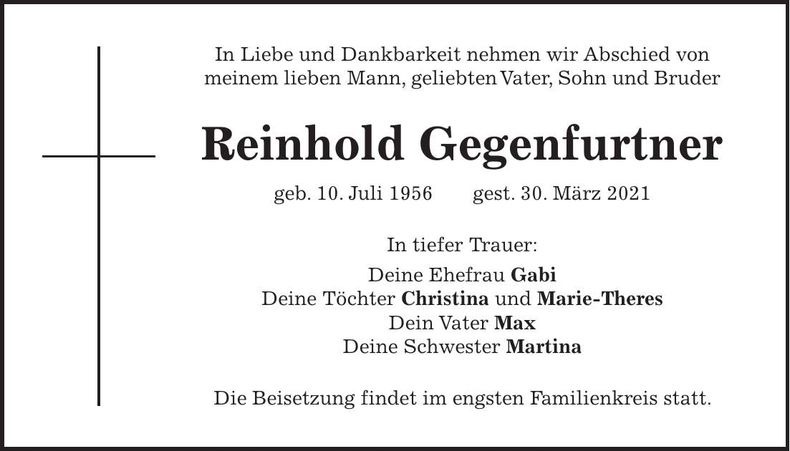 Traueranzeige Reinhold Gegenfurtner