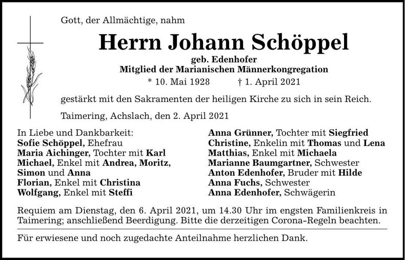 Traueranzeige Johann Schöppel