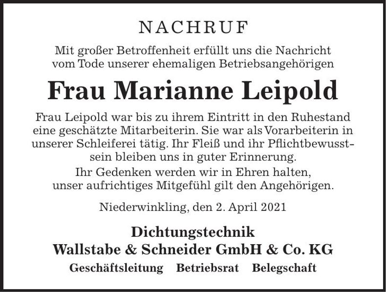 Traueranzeige Marianne Leipold
