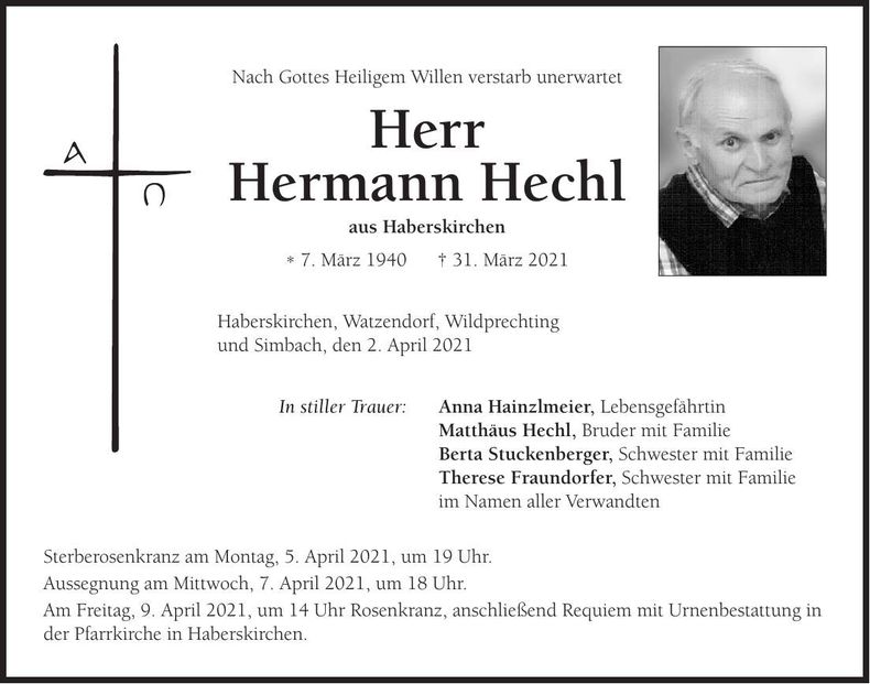 Traueranzeige Hermann Hechl